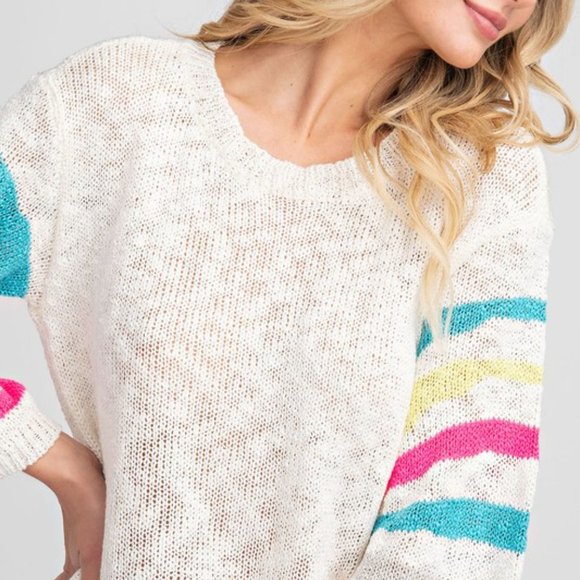 Striped Sleeve Sheer Sweater - Picture 3 of 7